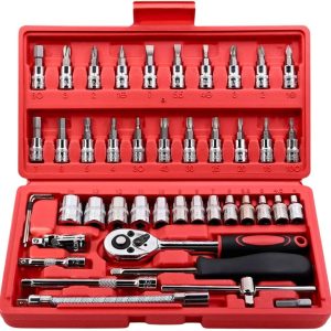 Kit de Ferramentas com 46 Peças – Chave Catraca 1/4", Soquetes Métricos, Extensor Bits e Estojo Portátil, – Para Uso Automotivo Manutenção Reparos Oficina e Doméstico, Multifuncional, Completo