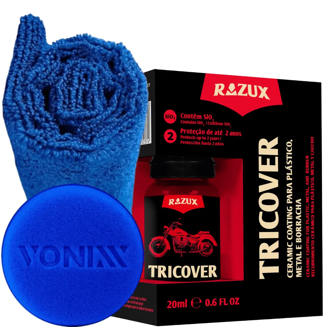 Kit de Vitrificador para Moto Tricover Plásticos Metal Borracha 20ml Razux Espuma Aplicadora