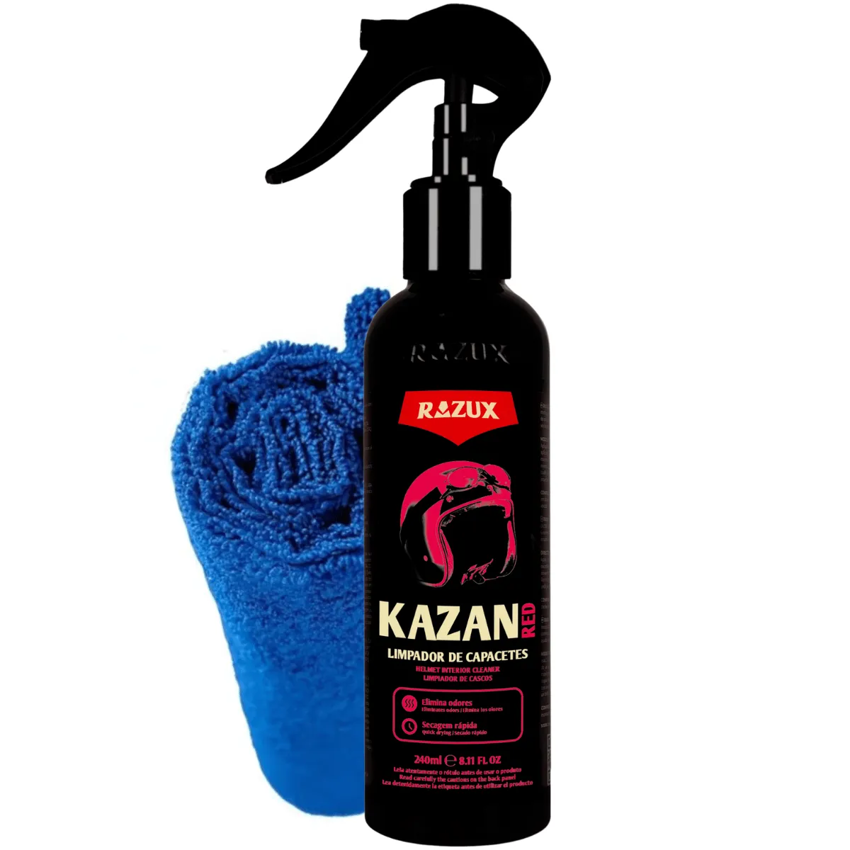 Kit Kazan Red Limpador de Capacete 240ml com Pano Microfibra Razux