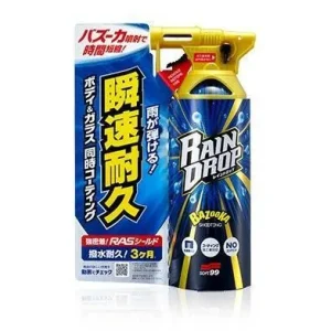 Frasco do protetor de superfícies Rain Drop Soft99 com efeito repelente de água em destaque